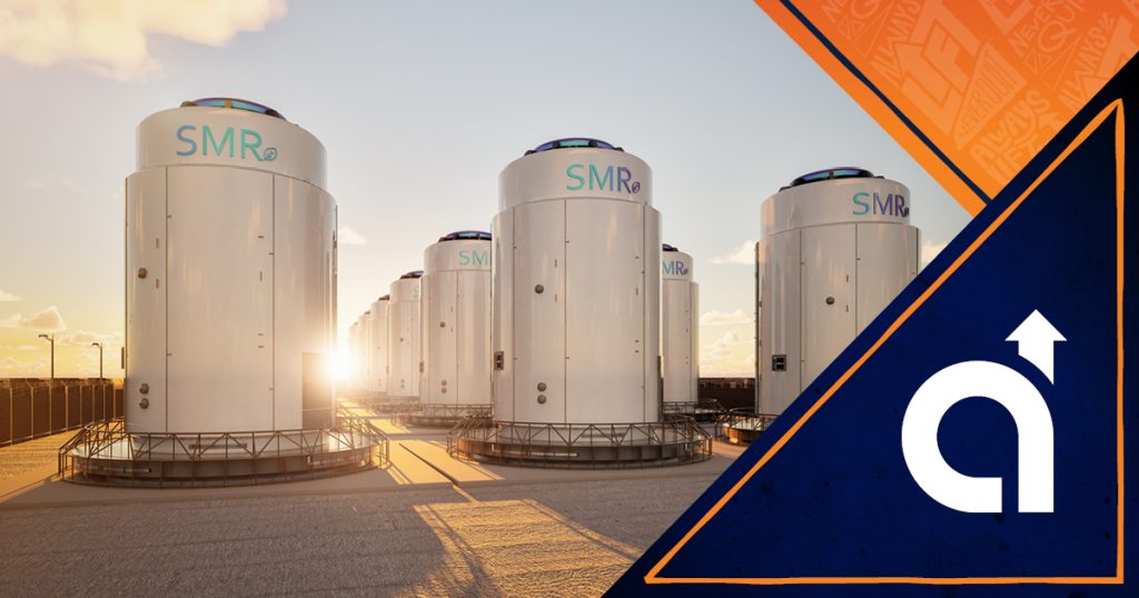 SMR crane systems supporting a row of small modular reactor units at an industrial facility