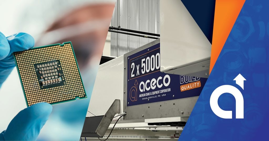 Gloved hand holding a computer processor chip, with a blue and orange graphic background featuring the ACECO logo