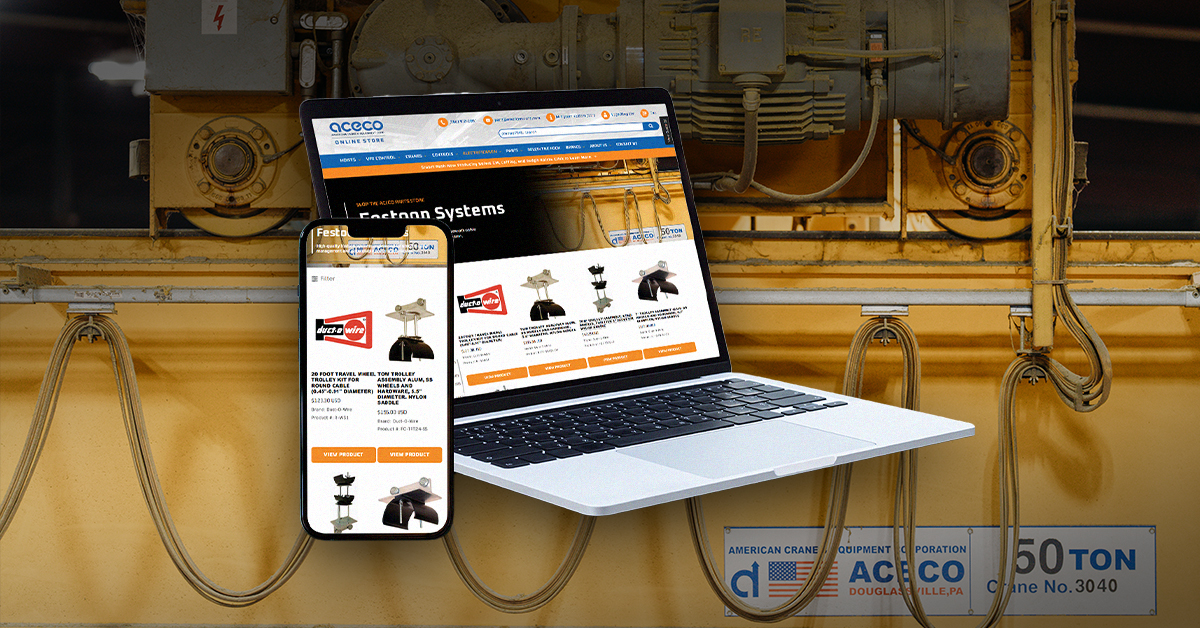 Hoist accessories from the ACECO online store shown on a laptop and phone, in front of a 50-ton overhead crane with festoon cables